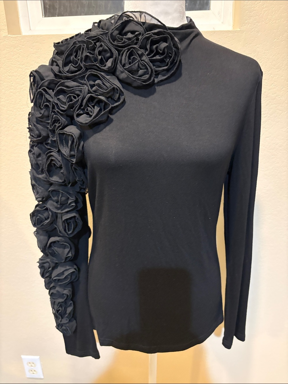 Gracia Black Long-Sleeve Top with Rosette Shoulder and Sleeve-Size L